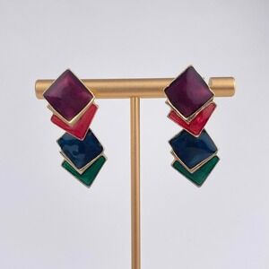 VTG 80s Geometric Colorful Earrings in Gold Tone Retro Abstract